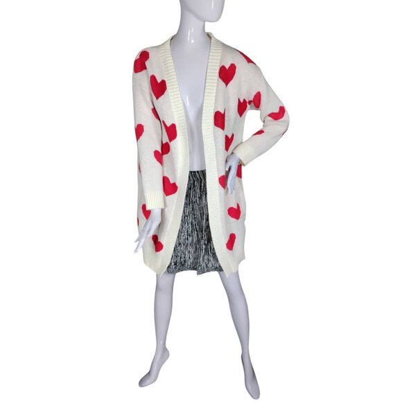 Beige Knitted Open Cardigan Red Hearts Pattern Long Sleeve 2 Front Patch Pockets - Picture 2 of 7